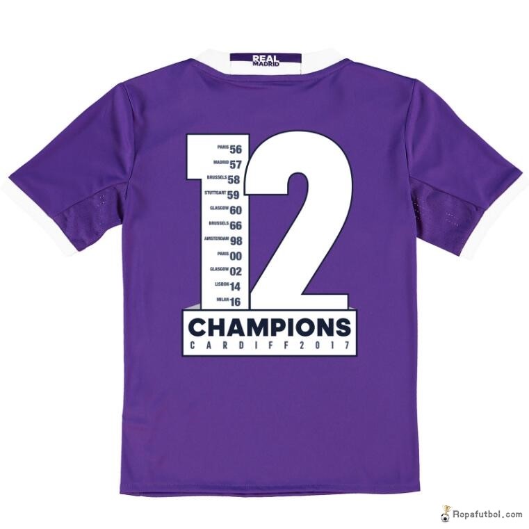 Camiseta Real Madrid Champions 12 Replica Segunda Ropa Niños 2016/17 Purpura